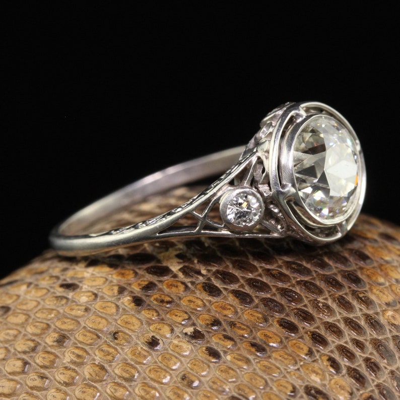 Antique Edwardian Platinum Old European Diamond Filigree Engagement Ring - Gia