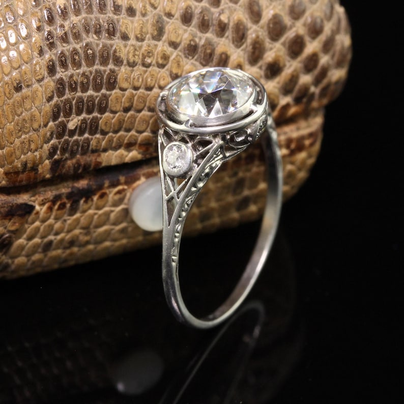 Antique Edwardian Platinum Old European Diamond Filigree Engagement Ring - Gia