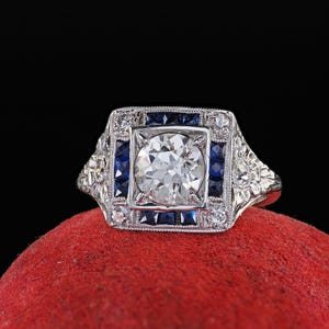 Antique Art Deco Platinum Old Euro Diamond Sapphire Halo Engagement Ring - Gia