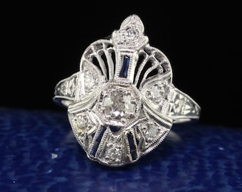 Antiker Art Deco Platin Altschliff Diamant und Saphir Cocktailring