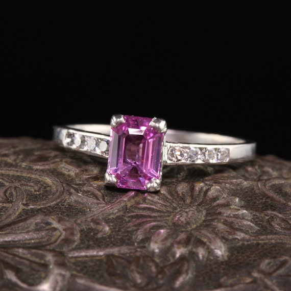 Antique Art Deco Platinum Pink Sapphire Diamond E… - image 1