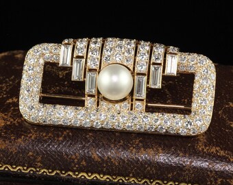 Vintage Retro Cartier 18k Yellow Gold Diamond Natural Pearl Brooch Pin - Gia