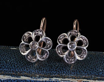 Antique Victorian 18k Yellow Gold and Silver Rose Cut Diamond Floral Earrings