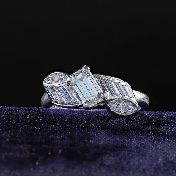 Vintage Retro Hartzberg Platinum Emerald Cut Diamond Ribbon Engagement Ring
