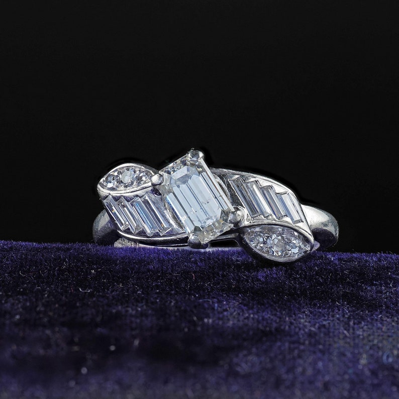 Vintage Retro Hartzberg Platinum Emerald Cut Diamond Ribbon Engagement Ring