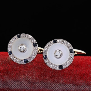 Antique Edwardian 14k Gold Platinum Diamond Sapphire Mother of Pearl Cufflinks