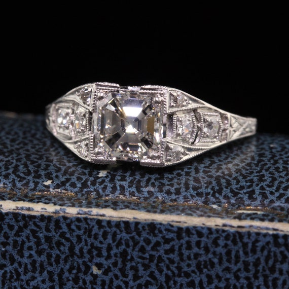 Antique Art Deco Platinum Asscher Cut Diamond Enga