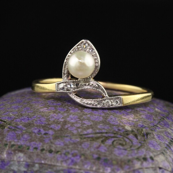 Antique Art Deco 18k Yellow Gold Rose Cut Diamond and Pearl Ring