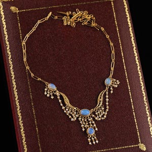 Antique Arts & Crafts 14k Yellow Gold Opal and Seed Pearl Drop Necklace