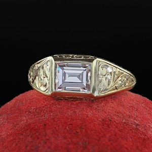 Antique Art Deco 14k Green Gold Carre Step Cut Diamond Engagement Ring - Gia