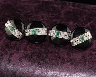 Antique Art Deco Cartier Platinum Diamond Emerald and Onyx Cufflinks