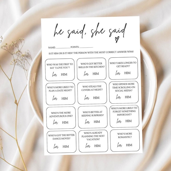 He Said She Said Wedding Game: Bridal Shower Fun (Digital Download)