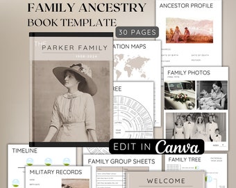Könnte beinhalten: Eine digitale Vorlage für ein Familienstammbuch mit 30 Seiten. Die Vorlage enthält Abschnitte für Familienfotos, einen Stammbaum, Militärdokumente, Zeitachsen und Ortskarten. Die Vorlage ist für die Bearbeitung in Canva konzipiert.