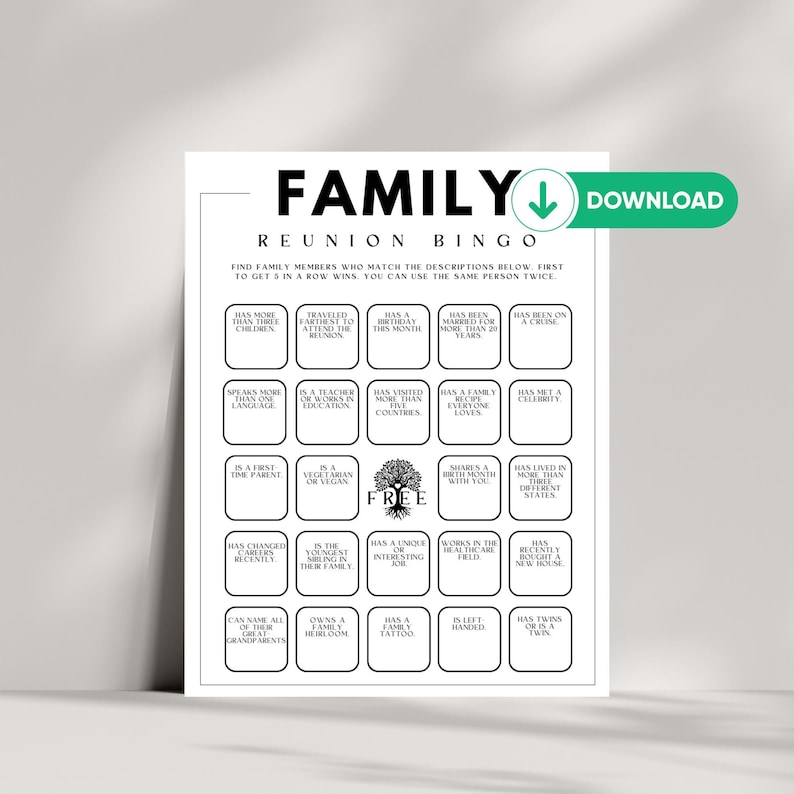 Family Reunion Bingo Game, Family Reunion Games, Fun Family Bingo Cards