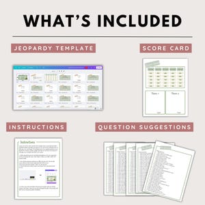 May include: An image titled "WHAT'S INCLUDED" shows a Jeopardy template, score card, instructions, and question suggestions. The Jeopardy template is displayed on a computer screen. The score card has spaces for two teams. The instructions and question suggestions are printed on white paper.