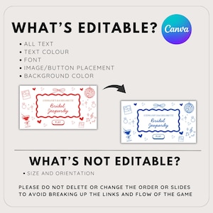 May include: A graphic showing editable elements for a "Bridal Jeopardy" game template. The text highlights editable features like text, color, and font. Two game card examples are shown, one in red and one in blue.