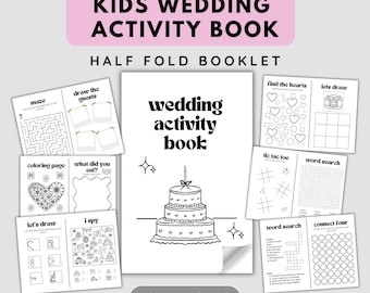 May include: A white "Kids Wedding Activity Book" with a pink header. The booklet includes a maze, coloring pages, and other activities. The cover features a cake illustration and the text "wedding activity book".