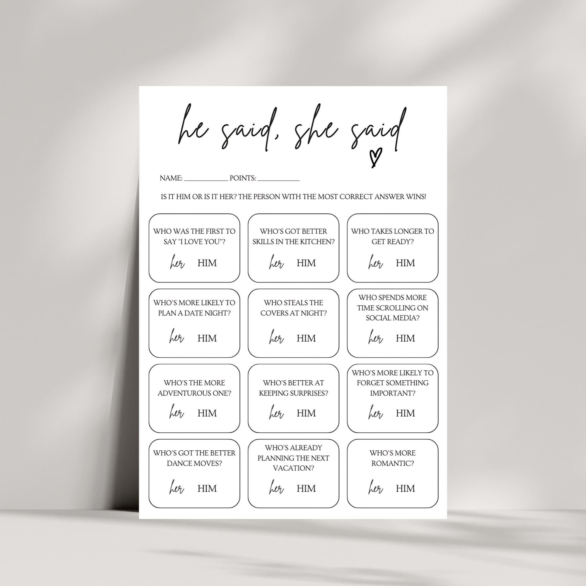 He Said She Said Wedding Game: Bridal Shower Fun (PDF)