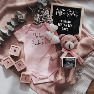 Anuncio digital de embarazo de niña, anuncio de hermanita niña, anuncio de bebé, plantilla editable, anuncio en redes sociales, rosa