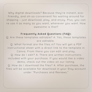 May include: A beige digital download information sheet with text. The text includes the benefits of digital downloads, frequently asked questions, and instructions on how to download the files after purchase.