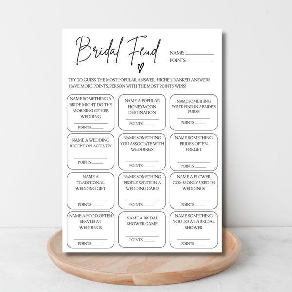 Bridal Shower Family Feud Game, Bridal Shower Games, Minimalist Printable Modern Bridal Shower Games, Fun Shower Activity, Instant Download