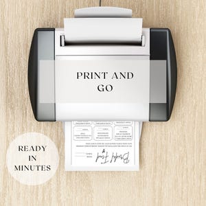 May include: A black and white printer with the text "PRINT AND GO" on the front. The printer is printing a sheet of paper with a checklist and the text "Bridal Fund".