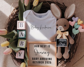 May include: A white onesie with the text "Baby Anderson" on it, a brown crocheted bunny holding an ultrasound image, a letter block spelling "BABY", a letter board with the text "OUR NEST IS Growing BABY ARRIVING OCTOBER 2025", and a bouquet of pink and yellow tulips.