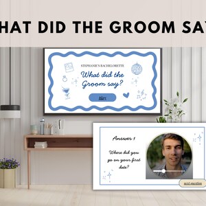 May include: A digital display with the text "WHAT DID THE GROOM SAY?" and a blue-bordered screen that reads "What did the Groom say?" with decorative icons. Below, a second screen shows "Answer 1" and a photo of a man.