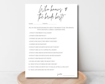 Who Knows the Bride Bridal Shower Game, Who Knows The Bride Best, Minimalist Printable Modern Bridal Shower Games, Shower Activity Download