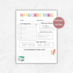 Teacher Favorites List Printable: Back to School Questionnaire (PDF & Editable Template