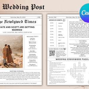 Puede incluir: Un anuncio de boda al estilo de un periódico, con una foto de la pareja, la fiesta de bodas y un crucigrama de bodas. El titular dice "The Newlywed Times" y el subtítulo dice "Kate and Scott are getting married".