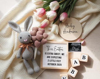 May include: A pregnancy announcement with a sign that reads "This Easter is extra sweet, we are expecting 2 little feet October 2025". There is a wooden circle with the text "Baby Anderson" and a crocheted bunny with a bouquet of pink hearts.