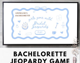 May include: A framed game board with a light blue border and the text "Stephanie's Bachelorette" and "Bridal Jeopardy". The game board includes illustrations of cherries, a cake, and other bridal-themed icons. The words "girls gone mild" are also visible.
