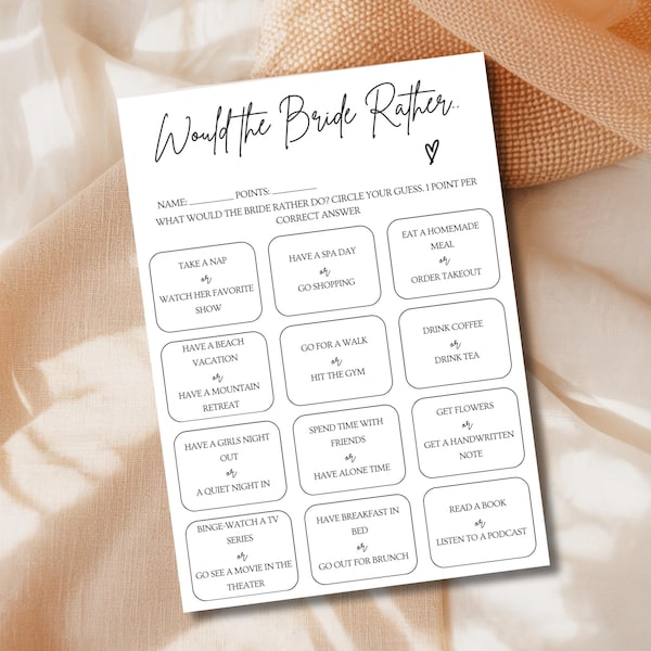 Minimalist Bridal Shower Game: Would She Rather - Printable Download