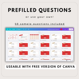 May include: A digital template for a bachelorette party game, featuring prefilled questions. The design includes a Canva interface with red and white elements, and the text "PREFILLED QUESTIONS" at the top. The template is usable with the free version of Canva.