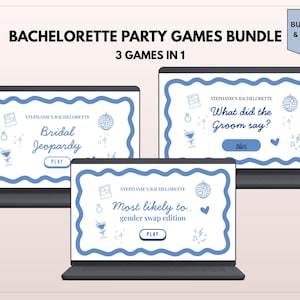 May include: A digital bachelorette party games bundle displayed on three laptop screens. The screens feature blue and white designs with game titles like "Bridal Jeopardy" and "What did the Groom say?" The text "3 Games in 1" and "Bundle & Save" are also visible.