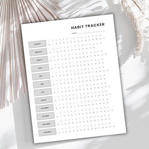 Könnte beinhalten: Ein weißes Habit Tracker-Blatt mit dem Titel "HABIT TRACKER" oben. Das Blatt ist in Monate unterteilt, mit Platz zur Verfolgung täglicher Gewohnheiten. Die Monate sind vertikal auf der linken Seite der Seite aufgeführt.
