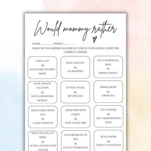 Peut inclure: Un jeu de baby shower imprimable appelé "Would Mommy Rather" avec 12 questions. Chaque question propose deux options parmi lesquelles l'invité peut choisir. Le jeu est conçu pour être joué par les invités lors d'une baby shower.