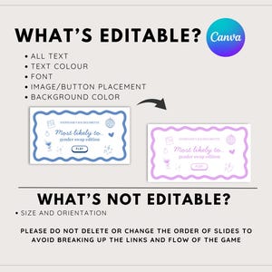 May include: A digital game template with the text "Most likely to gender swap edition." The image shows two versions of the game card, one blue and one purple, with editable elements. The Canva logo is visible in the upper right corner.