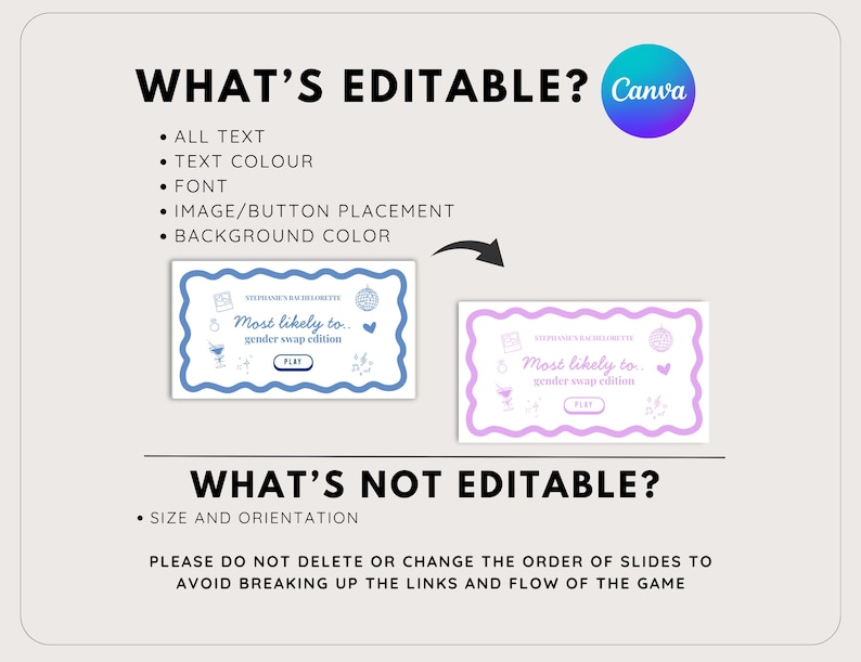 May include: A digital game template with the text "Most likely to gender swap edition." The image shows two versions of the game card, one blue and one purple, with editable elements. The Canva logo is visible in the upper right corner.