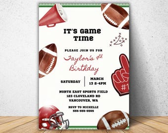 May include: Football-themed birthday invitation with the text "IT'S GAME TIME" and "Taylor's 9th Birthday." The invitation features watercolor illustrations of footballs, a helmet, a megaphone, and a foam finger. The event details are also included.