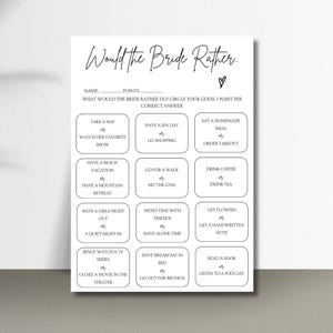 Would She Rather Bridal Shower Game: Minimalist Printable (Digital Download)