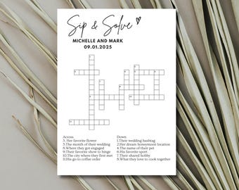 May include: A white card with a black crossword puzzle, titled "Sip & Solve" with the names "MICHELLE AND MARK" and the date "09.01.2025". The crossword has clues like "Her favorite flower" and "Their wedding hashtag".