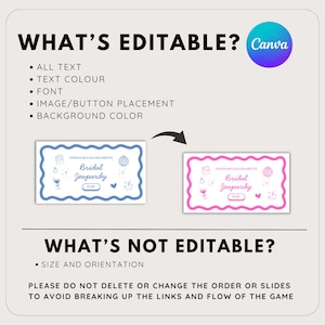 K&ouml;nnte beinhalten: Eine hellbeige Grafik mit dem Text "WHAT'S EDITABLE?" und "WHAT'S NOT EDITABLE?" mit einem Canva-Logo. Zwei "Bridal Jeopardy" Spielkarten sind abgebildet, eine blaue und eine rosa. Der Text auf den Karten lautet "Bridal Jeopardy" und "PLAY".