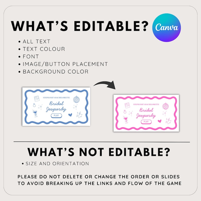 K&ouml;nnte beinhalten: Eine hellbeige Grafik mit dem Text "WHAT'S EDITABLE?" und "WHAT'S NOT EDITABLE?" mit einem Canva-Logo. Zwei "Bridal Jeopardy" Spielkarten sind abgebildet, eine blaue und eine rosa. Der Text auf den Karten lautet "Bridal Jeopardy" und "PLAY".