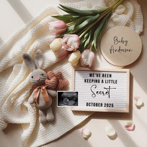 Anuncio de embarazo de primavera, revelación de bebé en Pascua, anuncio de bebé digital para redes sociales, anuncio de embarazo editable, tablero de letras