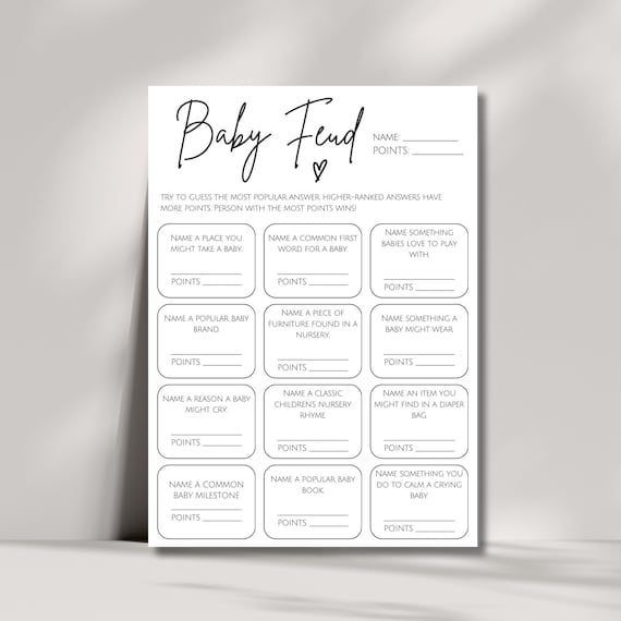 Baby Shower Family Feud Game Pack - 30 Cards & Answer Key, Gender Neutral Party Game For Boys & Girls (01A-Indipink)
