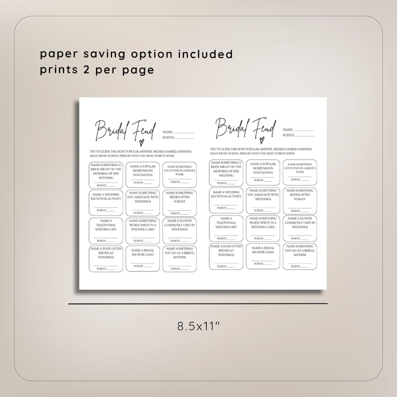 May include: Two printable bridal shower game cards with the title "Bridal Fund" and a heart symbol. The cards are black and white and feature a grid of 24 squares with questions for guests to answer. The cards are 8.5 inches by 11 inches.