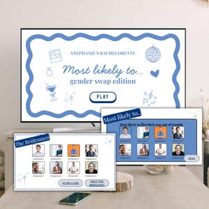 May include: A digital screen shows a bachelorette party game titled "Most likely to.. gender swap edition." The game features a blue and white design with illustrations and the text "The Bridesmen." Additional screens show game prompts and photos.