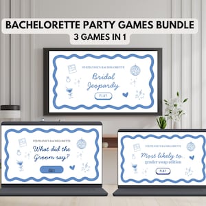 Peut inclure: Un ensemble de jeux pour un enterrement de vie de jeune fille avec trois jeux en un. Les jeux incluent Bridal Jeopardy, What did the Groom say? et Most Likely To... gender swap edition. Les jeux sont affichés sur un ordinateur portable et un moniteur.